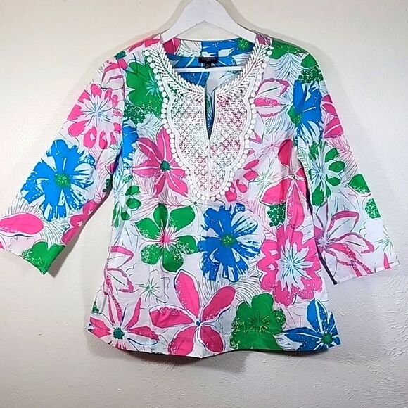 Talbots cotton floral lace bib tunic top size M/Petite - Picture 1 of 8